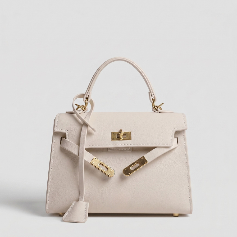 Borsa Luise Tessora in pelle con manici corti e tasche laterali, stile elegante e pratico, vista frontale.