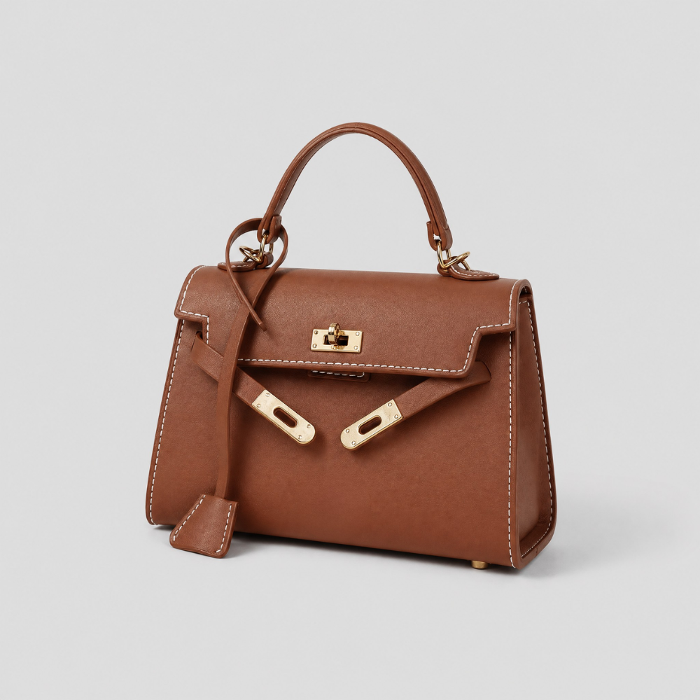Borsa Luise Tessora in pelle con dettagli eleganti, vista frontale con manici e chiusura in metallo.